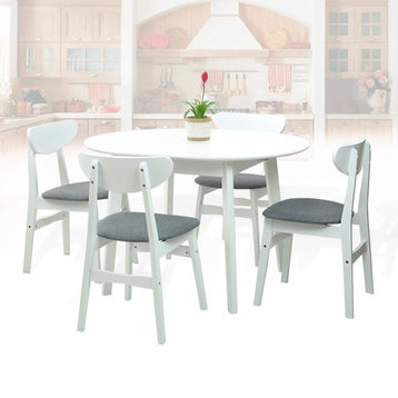 Dining Room Set of 4 Yumiko Chairs and Round Extendable Table Solid Wood, White