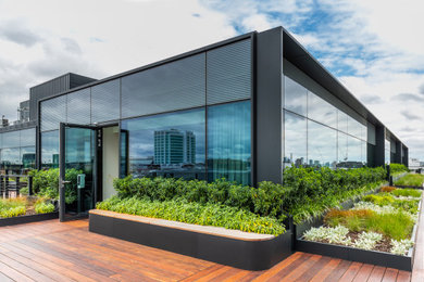 Стильный дизайн: большая терраса на крыше, на крыше в современном стиле с растениями в контейнерах и перилами из смешанных материалов без защиты от солнца - последний тренд
