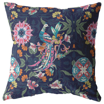 Spring Peacock Broadcloth Indoor Outdoor Blown and Closed Pillow Indigo
