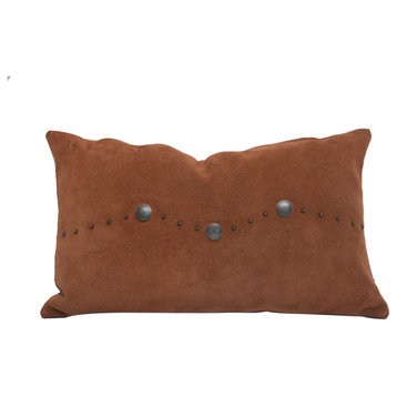 Western Suede Antique Silver Concho & Studded Lumbar Pillow, 12" x 20", Tobacco