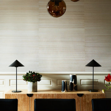 Dining Room with Grasscloth Wallpaper and Walnut Table