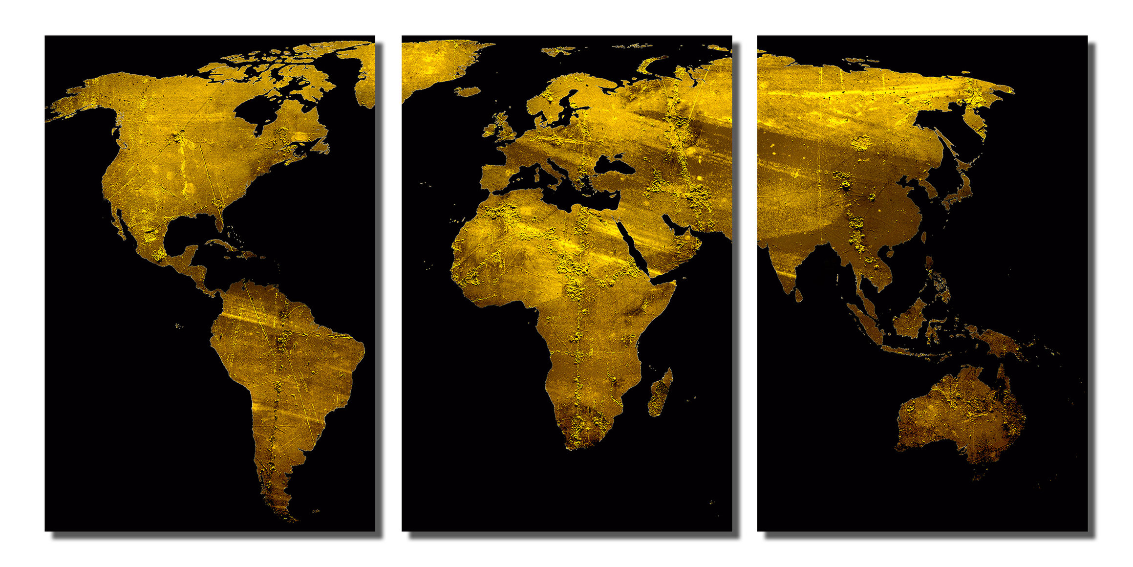 Black and Gold World Map, Metal Print Wall Art, 3 Panel Split, Triptych ...