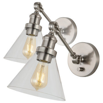 Cowie 8" Iron/Glass Adjustable LED Wall Sconce, Nickel, Set of 2