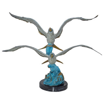 A Pair of Seagulls flying Bronze Statue Tabletop - Size: 15"L x 35"W x 26"H.