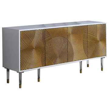 Contemporary Sideboard, Acrylic Legs & Unique Gold Metal Trim Patterned Doors