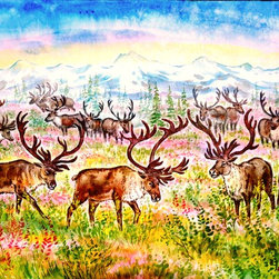 Watercolor, paper, 55x60 cm., "Reindeers in the Arctic", - Products