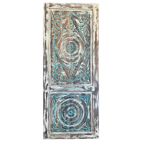 Consigned Vintage Carved Wood Sliding Barn Door Lotus Zen Balance Door