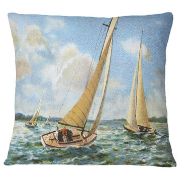 Vintage Boats Sailing Seascape Painting Throw Pillow, 16"x16"