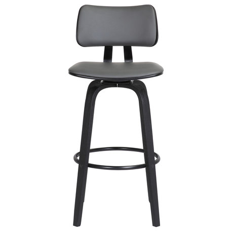 Pico 26" Swivel Black Wood Counter Stool in Gray Faux Leather with Black Metal, 30