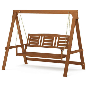 Classic Patio Porch Swing, Dark Red Wooden Construction With Teak Oil, 3 Seater