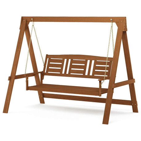 Dark Red Wooden Patio Porch Swing with Teak Oil and Heavy Duty Metal Chains, 3 Seater