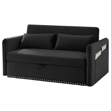 Modern Sleeper Sofa, Padded Upholstery With Pillows & USB Charging Ports, Black