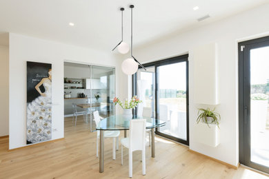 Foto di un soggiorno moderno con pareti bianche e parquet chiaro