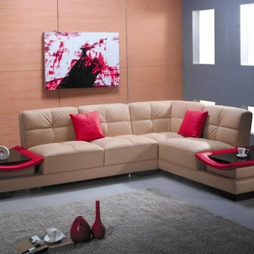 Contemporary Leather Sectional Sofa in Beige and Red