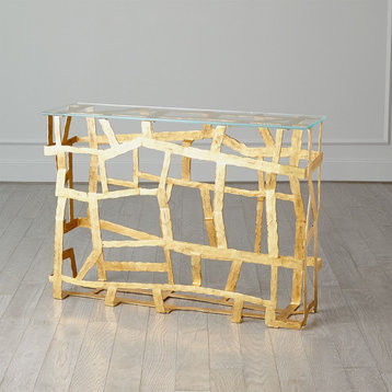 Metal Strips Open Modern Accent Console Table Hall Tempered Glass Top Abstract, Distressed Gold Leaf