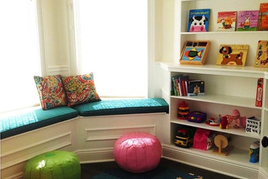 Inspiration for a mid-sized transitional gender-neutral kids' playroom in Los Angeles with carpet and blue floor.