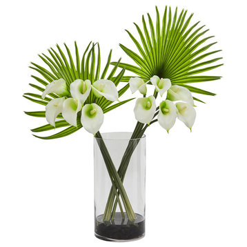 Calla Lily and Fan Palm Artificial Arrangement, Cylinder Glass Vase