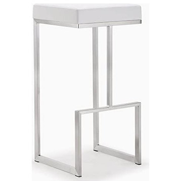 Set of 2 Bar Stool, Stainless Steel Base With Faux Leather Padded Seat, White