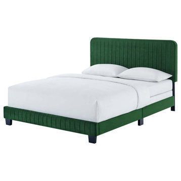 Tufted Platform Bed Frame, Full Size, Velvet, Green, Modern Contemporary