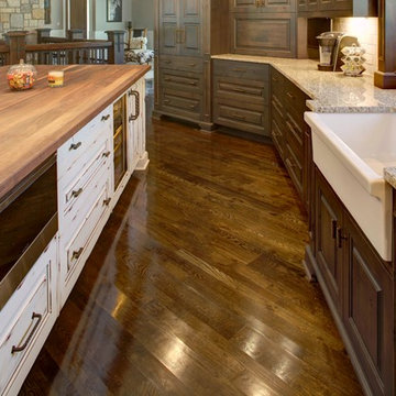 Rustic Alder cabinetry with painted and glazed island.