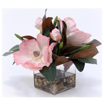 Waterlook® Soft Pink Magnolia Blooms and Foliage in Square Glass Vase