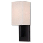 Livex Lighting - Meridian 1-Light ADA Wall Sconce, English Bronze - This wall sconce from the Meridian collection has a clean, crisp look and contemporary appeal. The sleek back plate and angular arm feature a english bronze finish. The hand crafted oatmeal fabric hardback shade offers warm light for your surroundings.