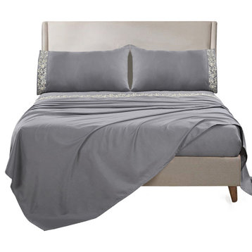 Serenta Lei Embroidered 4 Piece Bed Sheet Set, Silver Gray, Queen