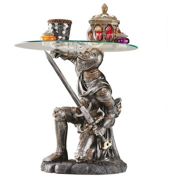 19" Medieval Knight Statue Sculptural Glass Topped Side Table
