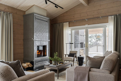 This is an example of a rustic living room in Moscow with a standard fireplace, a tiled fireplace surround, no tv, a wood ceiling and wood walls.