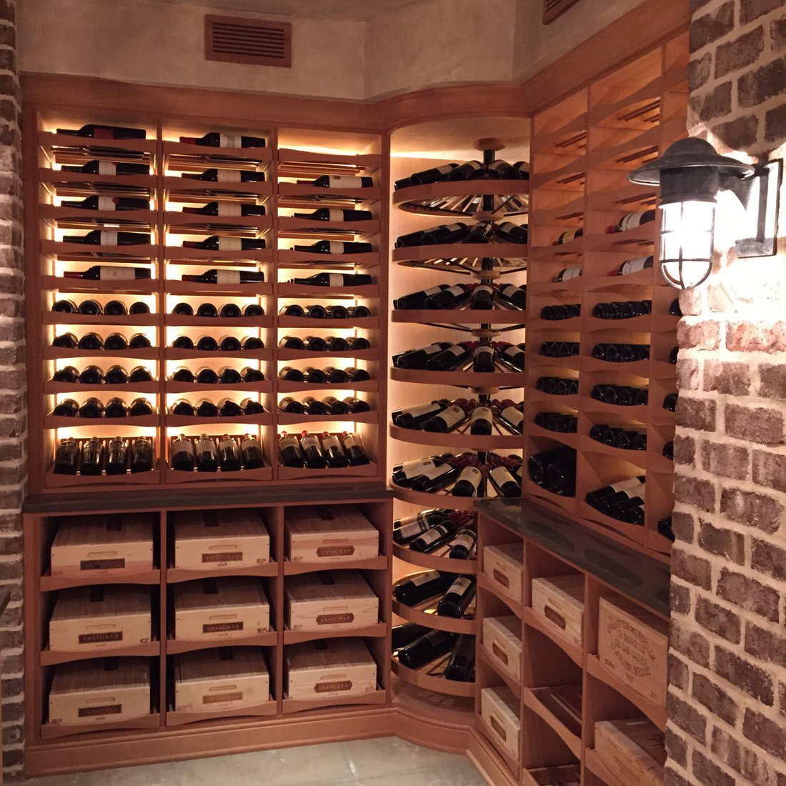 Corner Wine Wheel, soft-glide pullouts, case storage