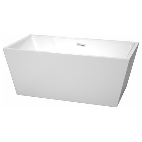 Sara 59" Freestanding White Bathtub, Polished Chrome Drain and Overflow Trim