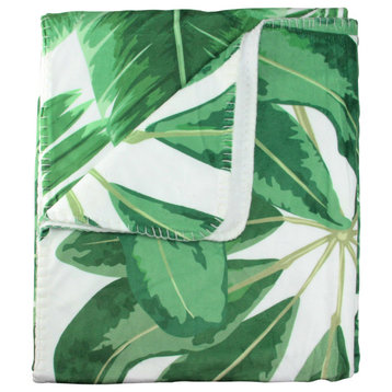 White and Green Tropical Leaves Plush Fleece Throw Blanket 50" x 60"