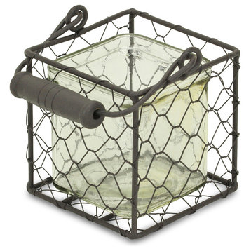 Square Wire Basket With Glass Jar, Brown, Large, Small