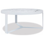 Sunset West - Contemporary 38" Round Coffee Table, Frost Finish Honed Cararra Top - Our collection of natural stone occasional tables introduce new textures and materials to your outdoor space. Honed Absolute Granite and White Carrara Marble, coupled with sleek powder coated aluminum, serve as exciting additions to any of our collections.