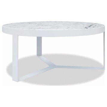 Contemporary 38" Round Coffee Table, Frost Finish Honed Cararra Top