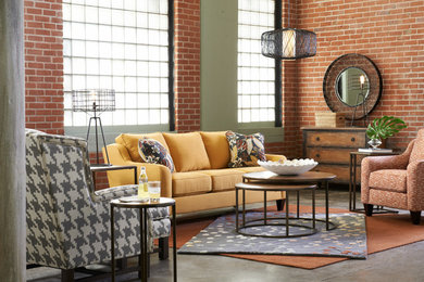 Living room - mid-sized contemporary formal and loft-style concrete floor living room idea in Other with red walls, no fireplace and no tv