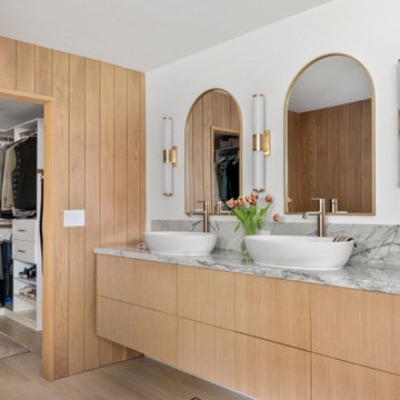 Bath vanity, wood panel, closet — 90s Fixer, Reno interior design by Find Design