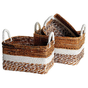 Set 3 Coastal Casual Natural Raffia Wide White Stripe Tote Baskets Handle Large