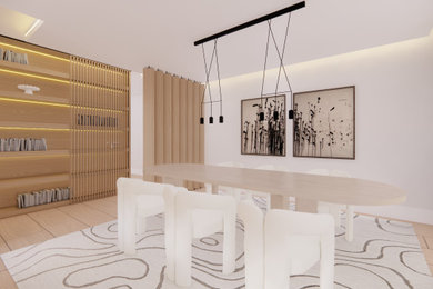 Imagen de comedor contemporáneo abierto con suelo de madera en tonos medios, chimenea de doble cara, panelado y alfombra