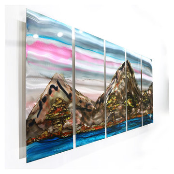 Terrain - Brown, Green, Pink & Blue Abstract Metal Painting, Unique Wall Art,