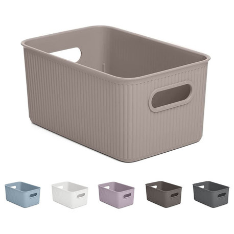 Superio Ribbed Storage Bin, Plastic Storage Basket, Taupe, 5 L