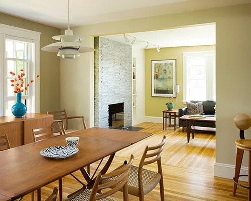 Mid-Century Esszimmer mit Kaminsims aus Stein Ideen, Design & Bilder