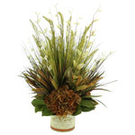 Creative Displays - Creative Displays Fall Arrangement w/ Hydragena and Grass in Glass Label Vase - Introducing our exquisite Fall Hydrangea and Grass Arrangement in a Glass Label Vase, the perfect addition to any home or office space. Crafted with meticulous attention to detail, this stunning arrangement combines the earthy hues of brown hydrangeas, delicate leaves, magnolia leaves, and wheat, all elegantly intertwined with realistic grass accents. Each element of this arrangement is made of high-quality and durable materials, ensuring longevity and maintaining the beauty season after season. You can now enjoy the beauty of nature without the hassle of watering or maintenance.