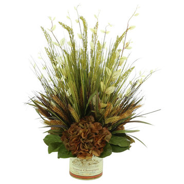 Creative Displays Fall Arrangement w/ Hydragena and Grass in Glass Label Vase