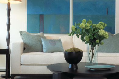 Example of a mid-sized trendy open concept carpeted living room design in Miami with white walls, no fireplace and no tv