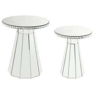 ACME Lotus Glass Accent Table with Round Top in Mirroed and Faux Cyrstals Inlay