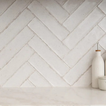 Close-Up Detail: Handcrafted Herringbone Tile & Quartz Countertop