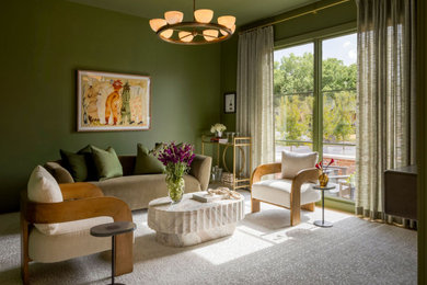 Inspiration for a 1960s carpeted and gray floor family room remodel in Dallas with green walls