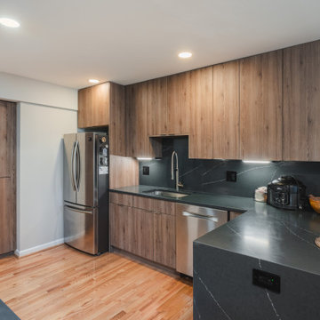 Modern Kitchen Remodel with Flat-Surface Wood-Look Cabinets