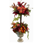 SilkInBloom - Orange Burgundy Delight Topiary - Beautiful Vibrant Topiary in shades of Orange and Burgundy with a touch of Purple and Pink. Elegant Stargazer Lilies, garden Roses, luscious Peonies, Wisteria blooms and delicate Ranunculus along with variety of greens artfully arranged in distressed hammered metal container with handles. Light green fern adds softness and creates movement in this gorgeous design. This floral arrangement would look beautiful on a pedestal table, dining room buffet or bedroom dresser. Create bold focal point in any room of your home with this colorful, warm and elegant floral design and enjoy it maintenance free for years to come!.. Handmade with Love using top quality artificial flowers by Chicago Floral designer. Size 24.5”Hx12”Lx12”W. Free shipping.
